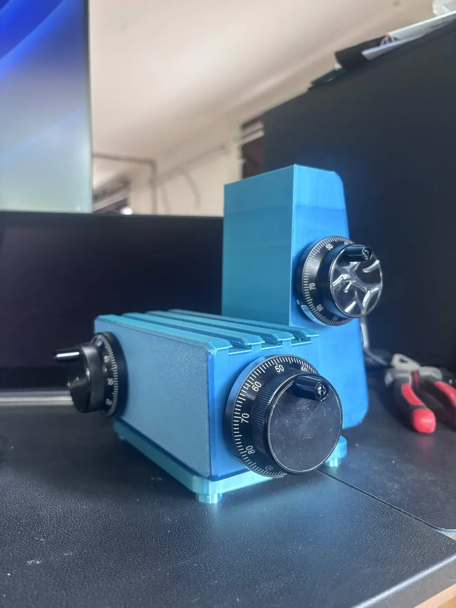The first working prototype of the dedicated milling machine controller, with three handwheels on a 3D-printed housing